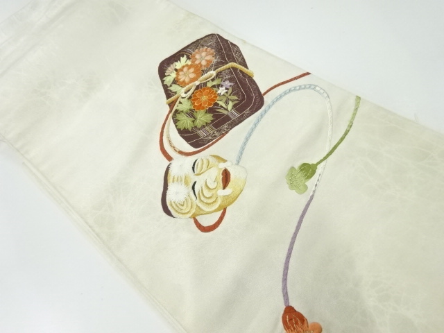 JAPANESE KIMONO / ANTIQUE FUKURO OBI / SILK / EMBROIDERY / DOCUMENT BOX & OLD MANS MASK